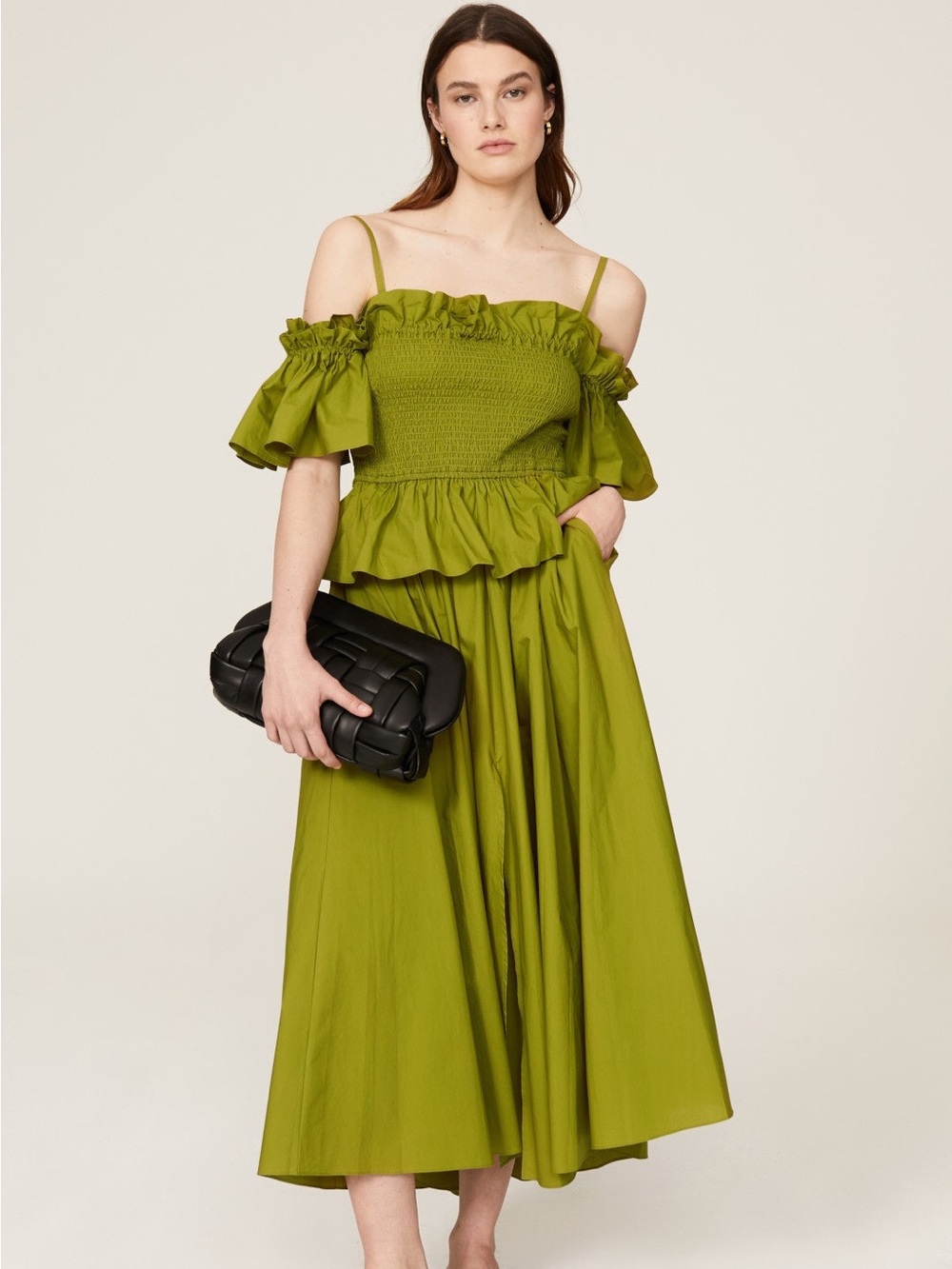 TOCCIN Ruffle Smocked Bodice Cold Shoulder Flounce Full Skirt Midi Dress XS